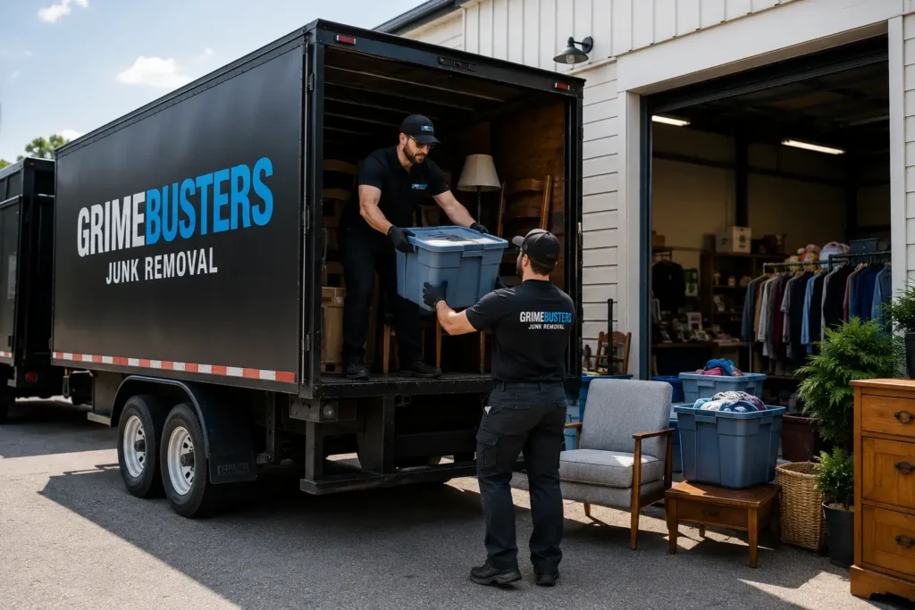 Two GrimeBusters Junk Removal Employees in Branded T-Shirts Unpack a GrimeBusters Box Truck to Donate Items to a Local Donation Center.