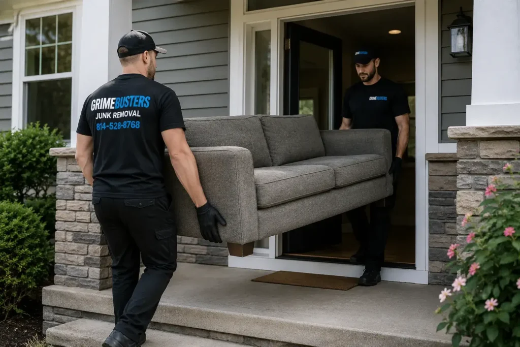 Two GrimeBusters Junk Removal Employees Wearing Branded Black T-Shirts Carry a Couch Out of a Home.
